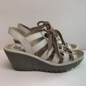 Fly London Cream Yito Lace-Up Wedge Sandals Size EU 37/ US 7